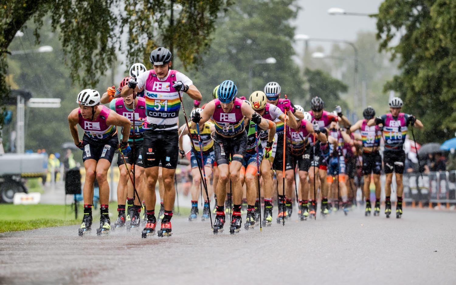 230826 Herrarnas tätklunga med ledaren Anian Sossau, Tyskland, under Alliansloppet 48km Elit den 26 augusti 2023 i Trollhättan. Foto: Sebastian LaMotte / BILDBYRÅN / COP 103 / SL0071